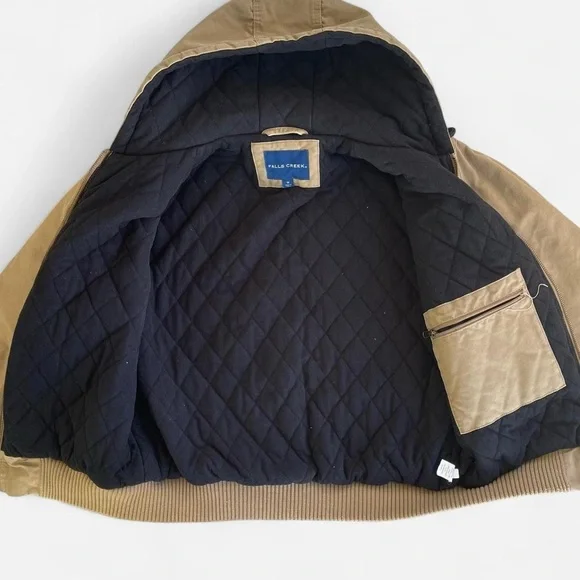Vintage Falls Creek Tan Canvas Hooded Work Jacket M Workwear Chore Zippered - Picture 5 of 8